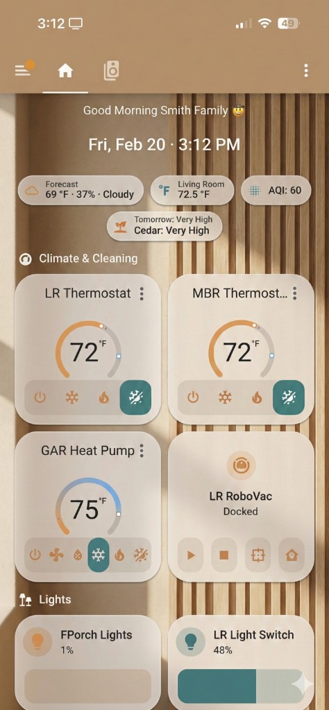 Smart home dashboard on mobile